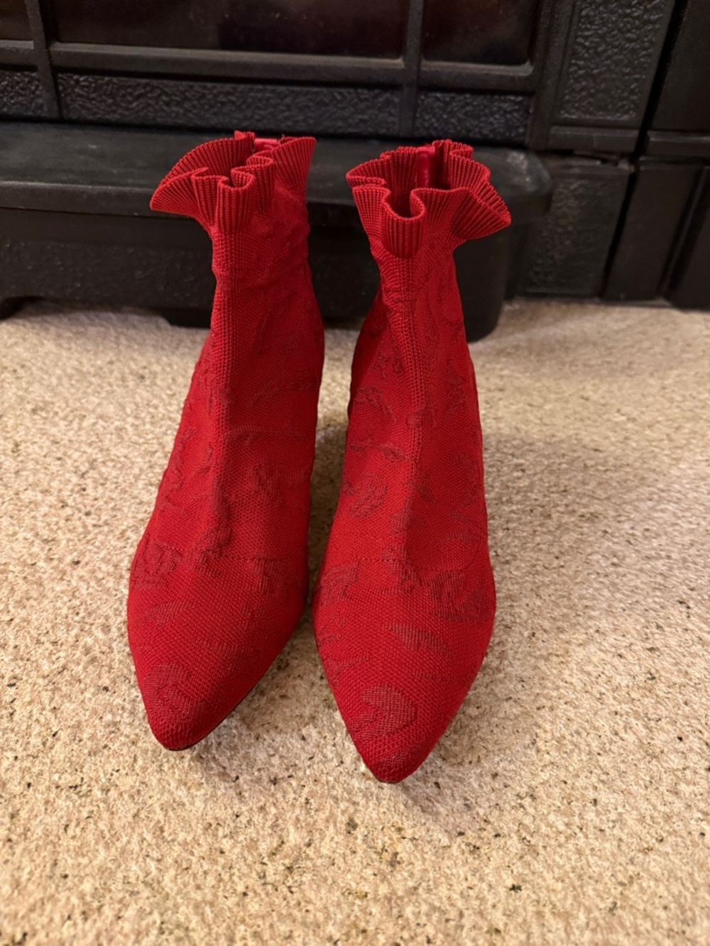Red Knit Ruffle Ankle Booties - Picture 2 of 4